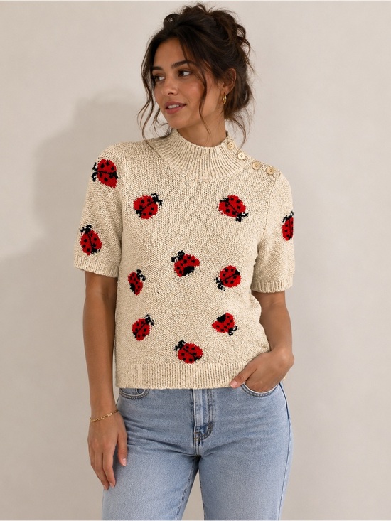 Maeve Sweaters - Maeve Anthropologie Ladybug Sweater Top Small Cream Mock Neck Short Sleeve Knit